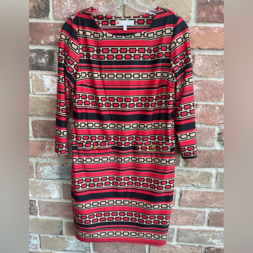 Jude Connally Red Black Tan Geometric Long Sleeve Dress medium